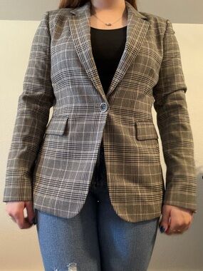 Womens Gray Plaid Single-Button Blazer